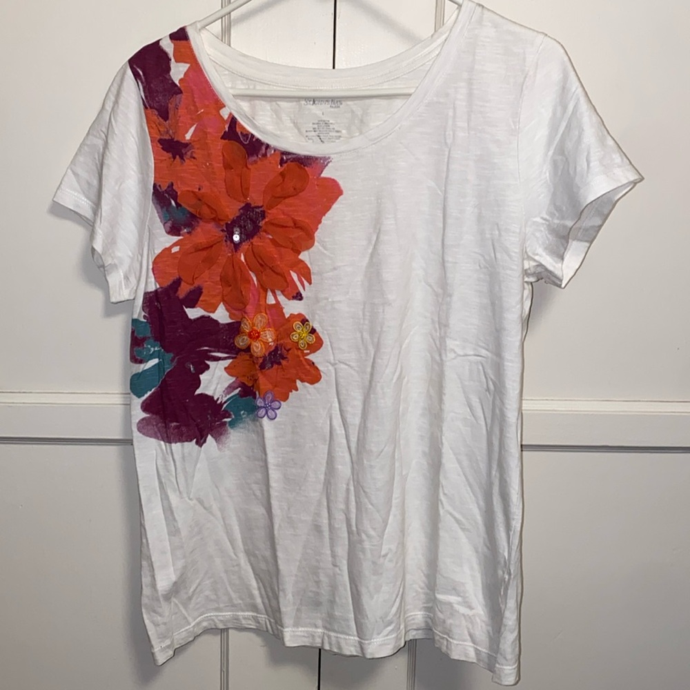 St. John’s Bay Large White Purple Orange Floral Short Sleeve Tee